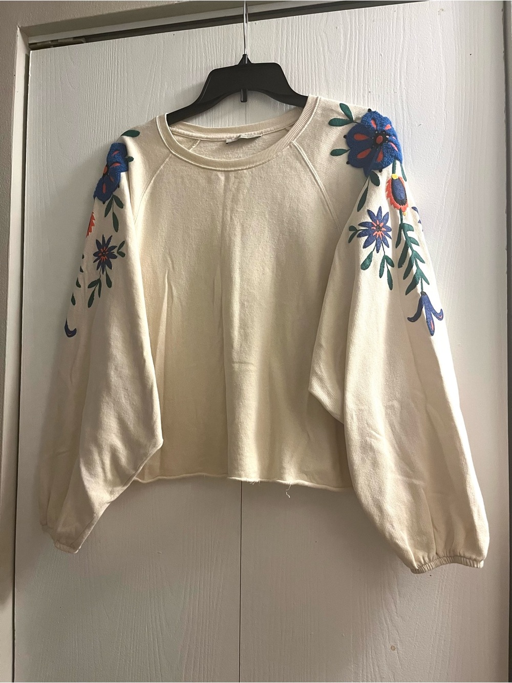 Zara Embroidered Floral Sweatshirt Cream Boho Small